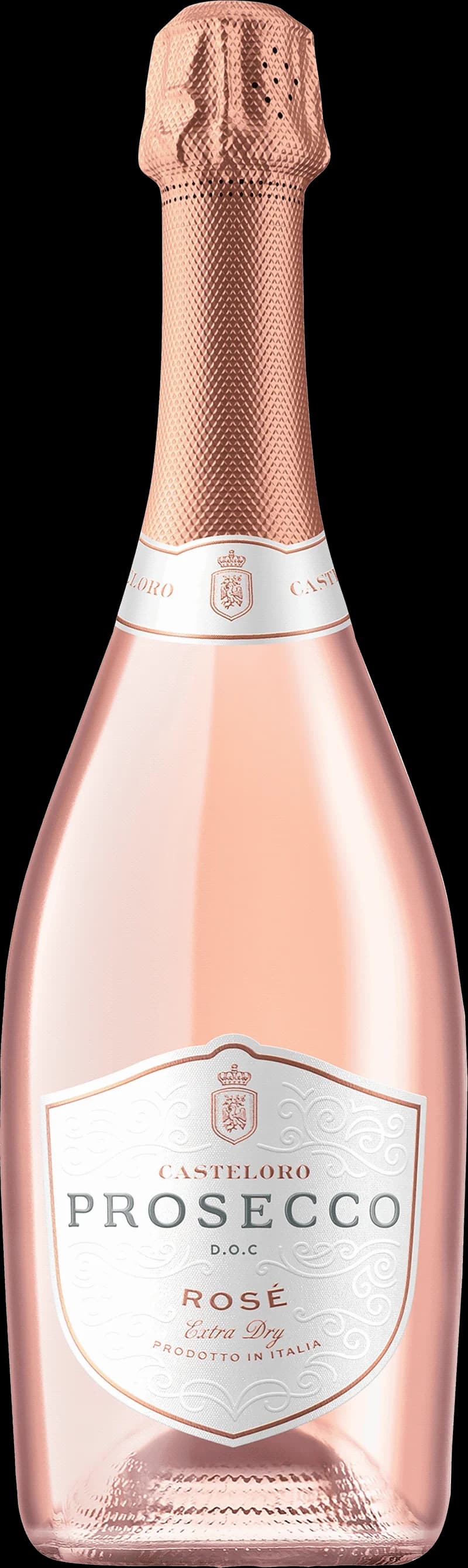 Flaska av Casteloro mousserande vin mot en neutral bakgrund.