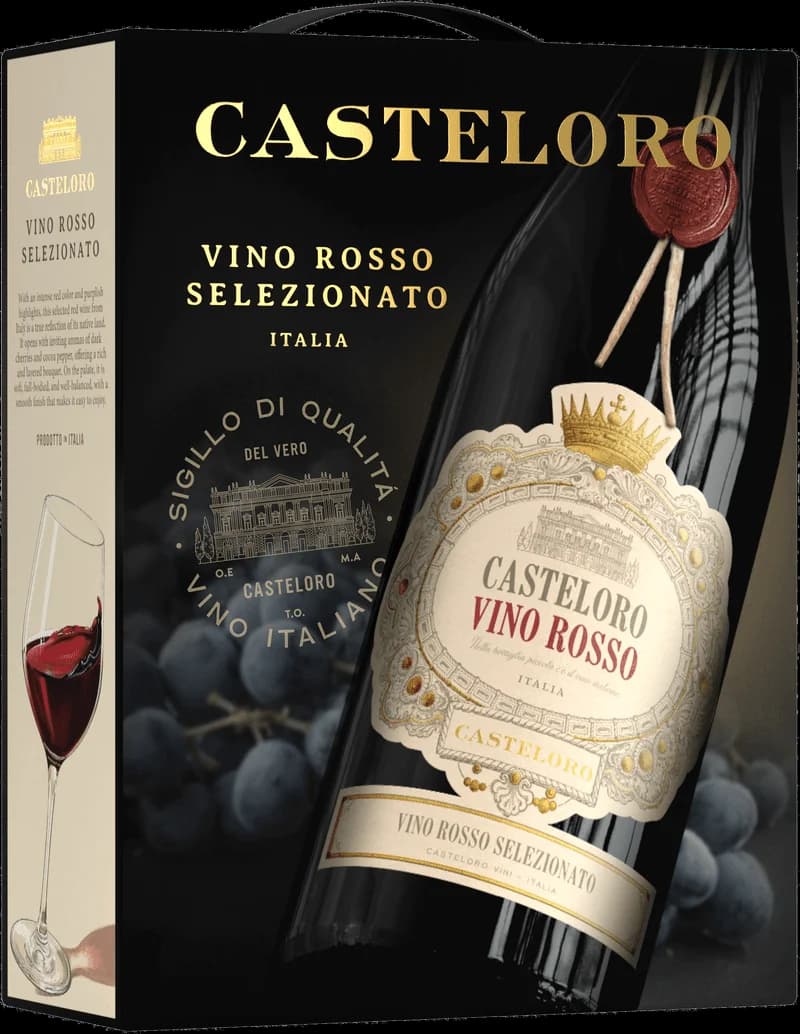 Flaska av rött vin från Casteloro på en vit bakgrund.