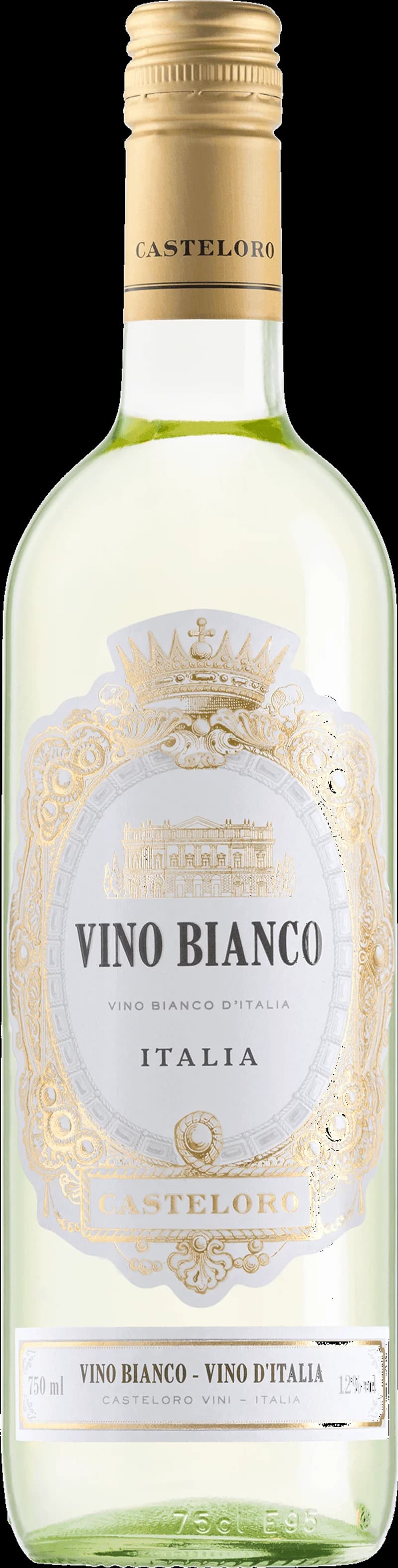 Flaska med Casteloro vitt vin mot ljus bakgrund
