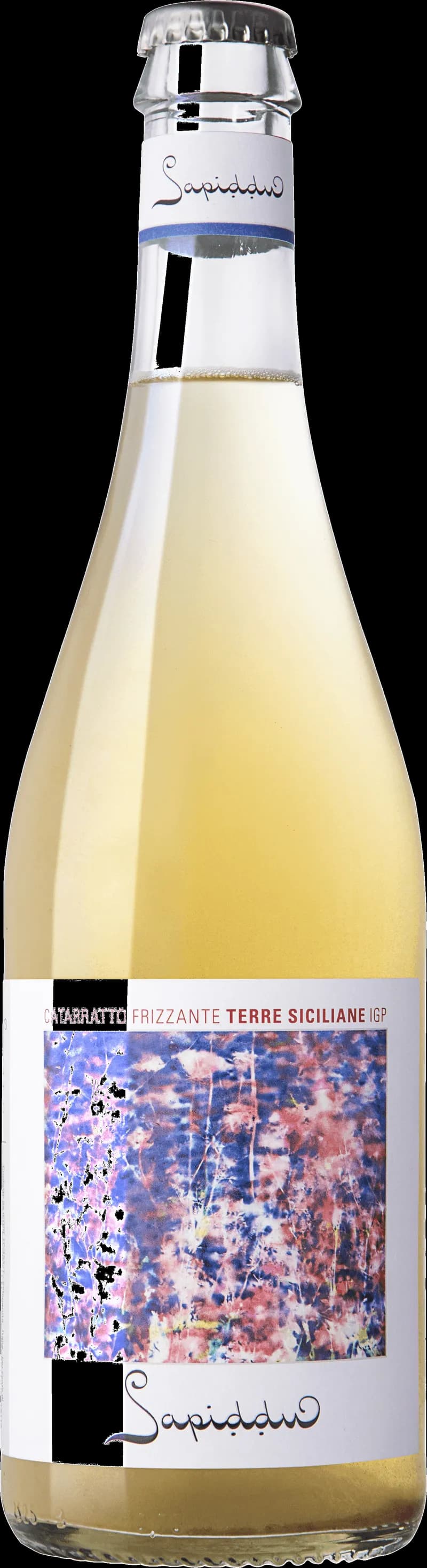 Flaska med Catarratto Frizzante vitt vin mot ljus bakgrund.