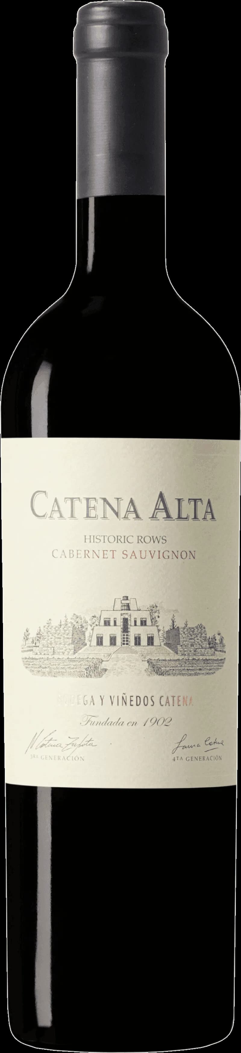 Flaska av Catena Alta rött vin mot neutral bakgrund.