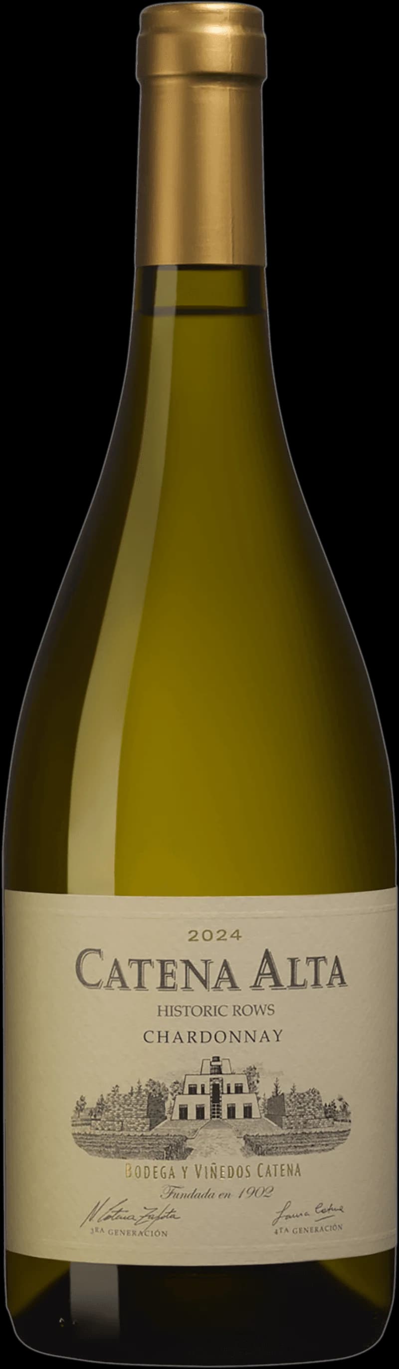 Flaska av Catena Alta vitt vin mot en neutral bakgrund.