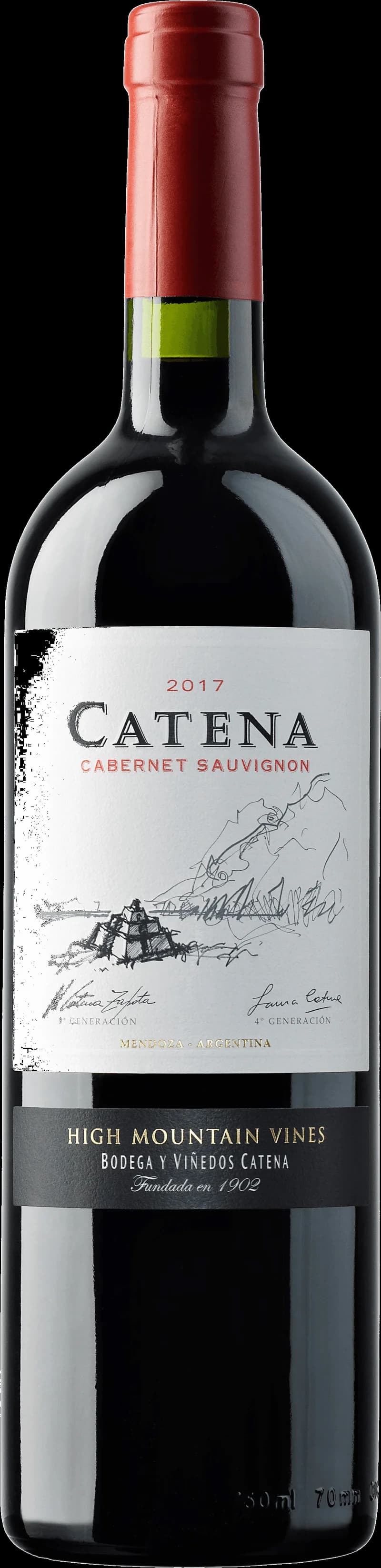 Flaska och glas med rött vin från Catena