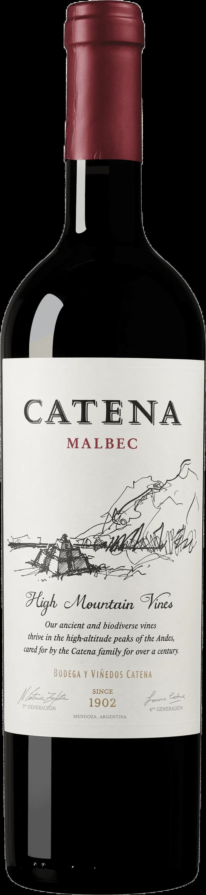Flaska av Catena rött vin mot en mörk bakgrund.