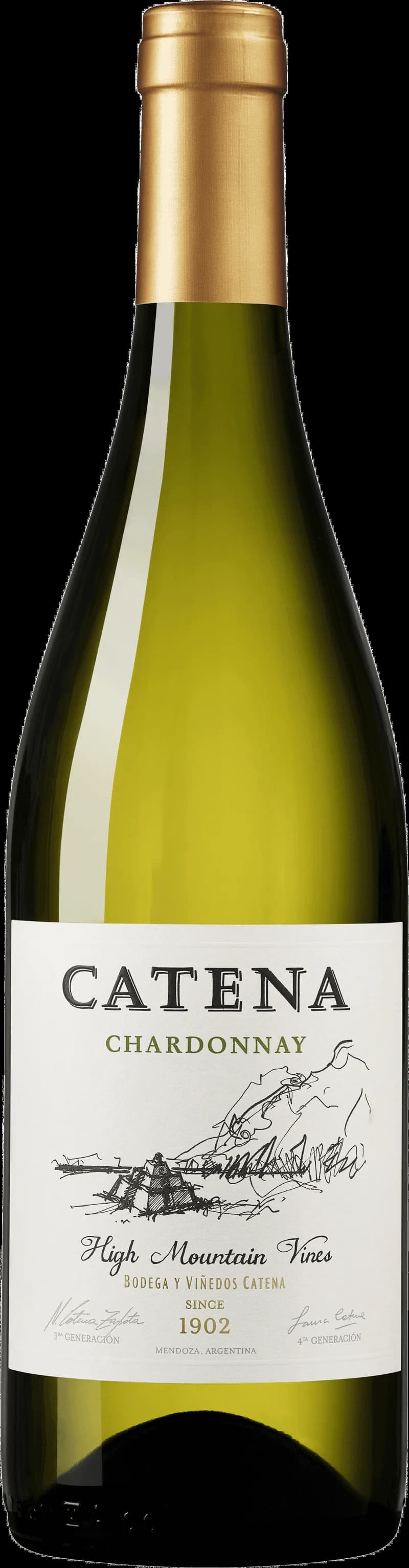 Flaska och glas med Catena vitt vin mot neutral bakgrund.