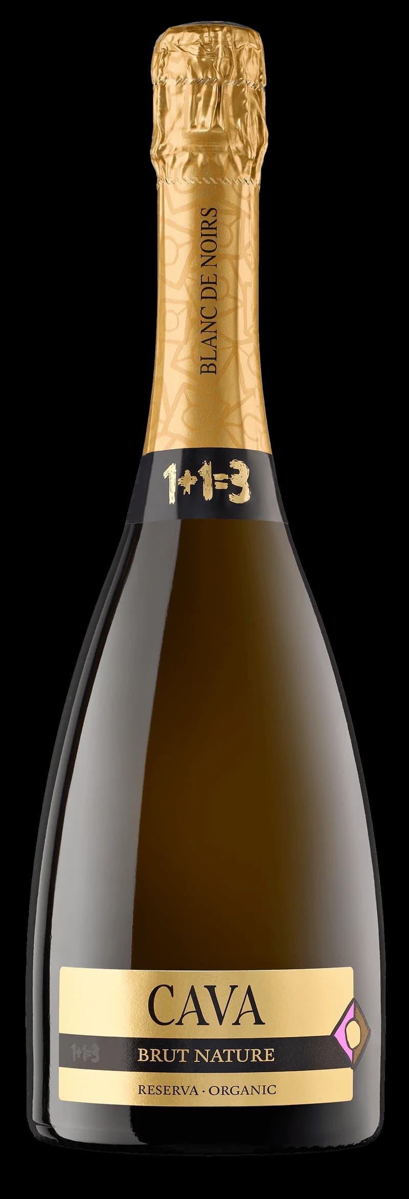 Flaska med Cava Blanc de Noirs mousserande vin mot ljus bakgrund.