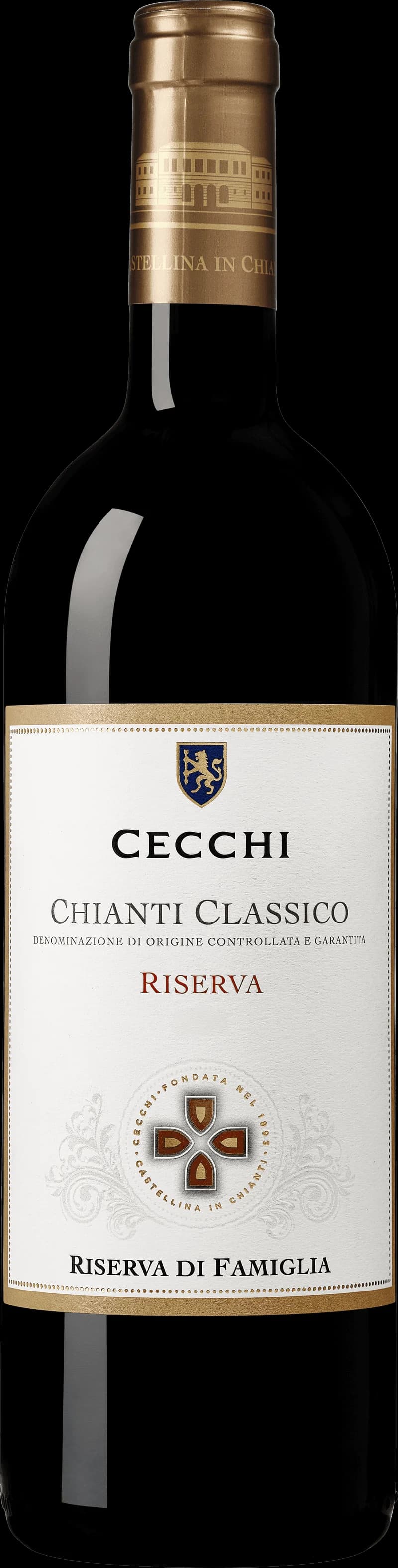 Flaska av Cecchi Chianti Classico rött vin mot neutral bakgrund.