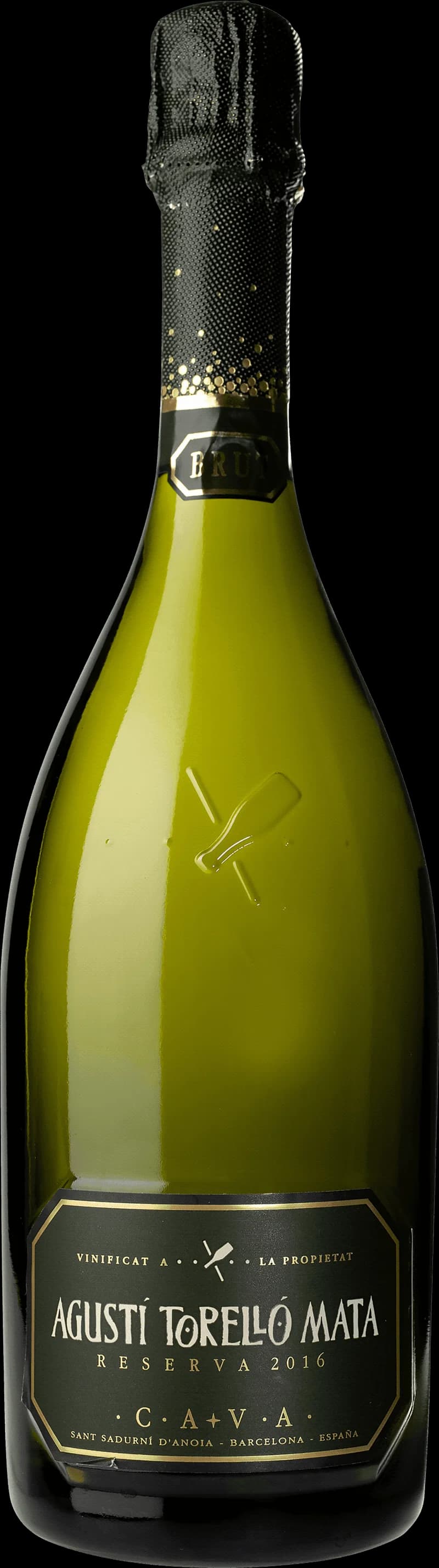 Flaska med Celler Kripta mousserande vin mot en mörk bakgrund.