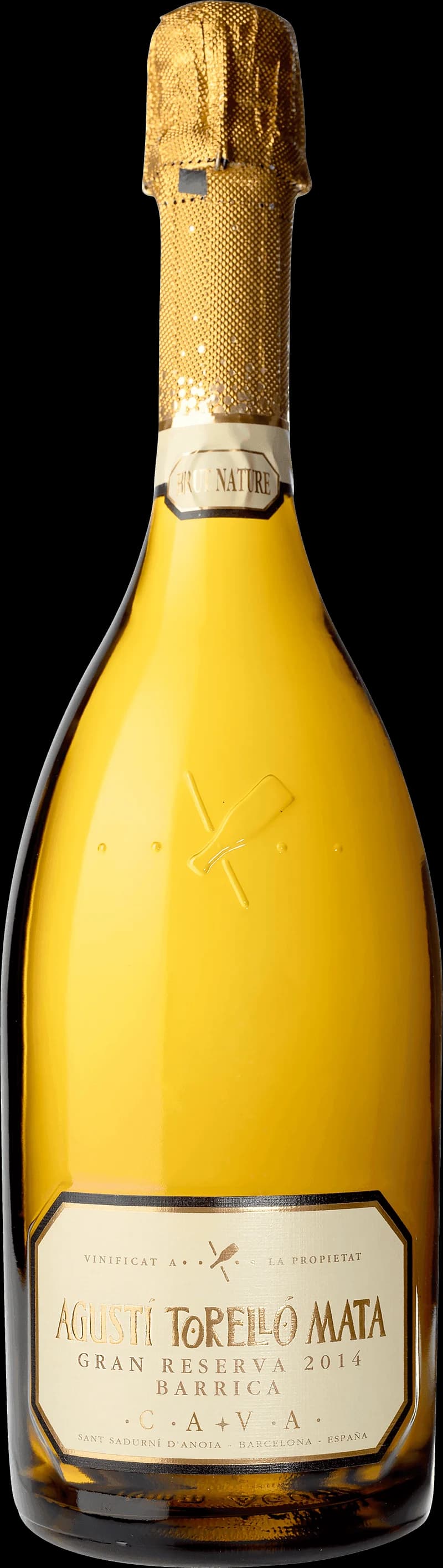 Flaska med Celler Kripta mousserande vin i en vinkällare