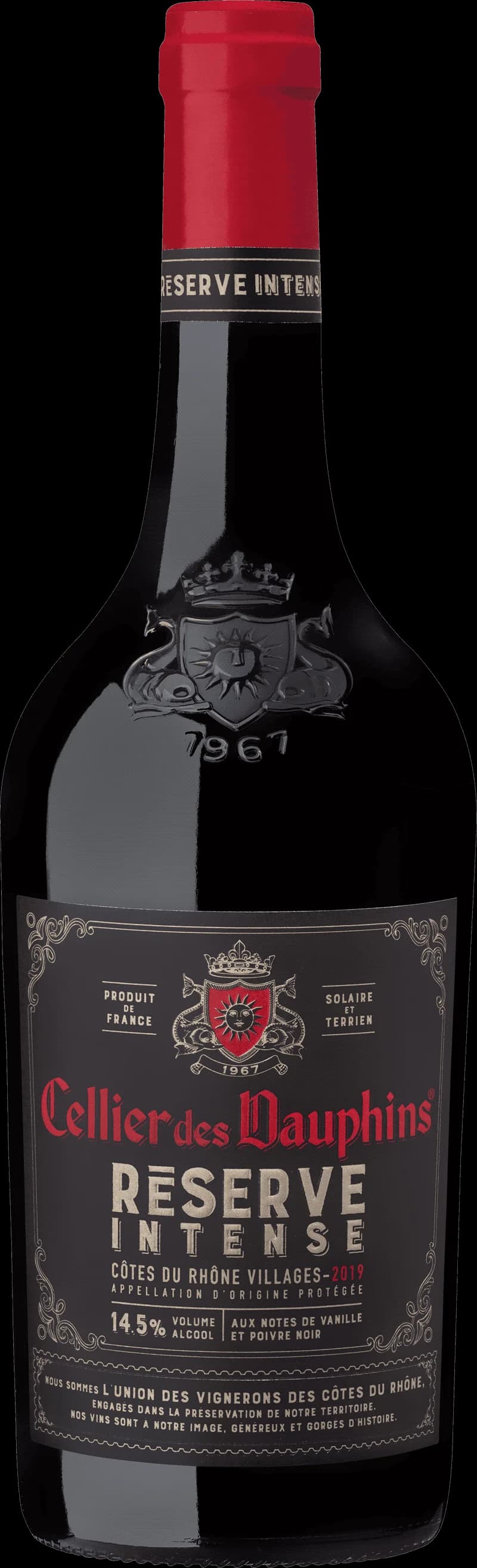 Flaska av Cellier des Dauphins rött vin på en bordsservering.