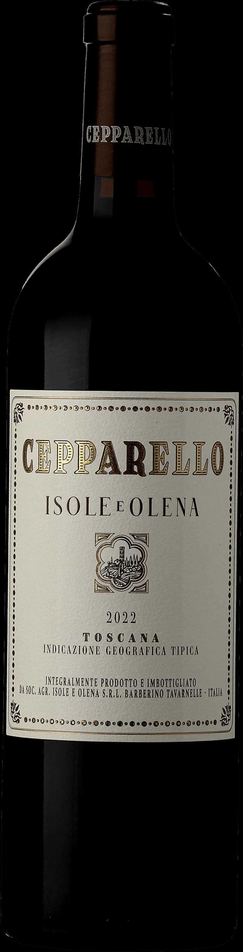 Flaska av Cepparello rött vin mot neutral bakgrund.