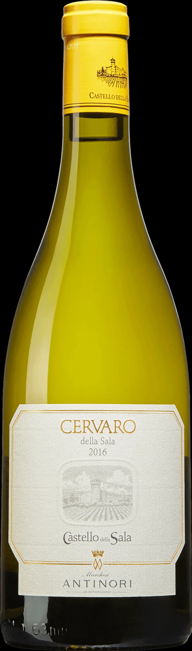 Flaska Cervaro della Sala vitt vin mot ljus bakgrund