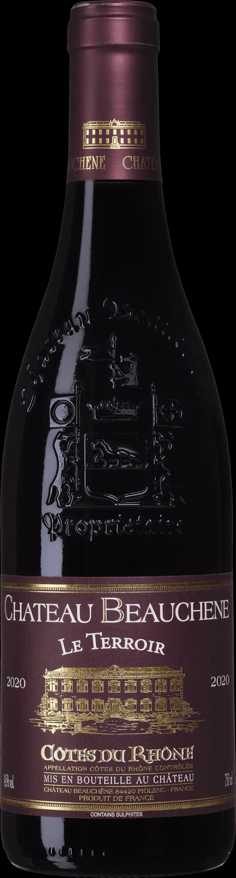 Flaska av Château Beauchêne rött vin mot en mörk bakgrund.
