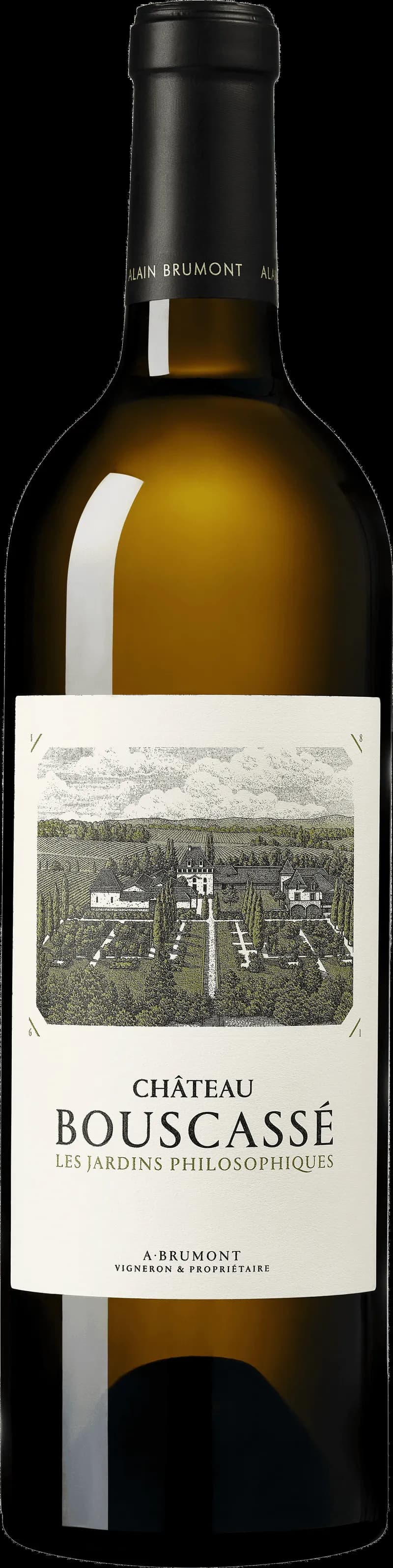 Flaska av Château Bouscassé vitt vin mot ljus bakgrund
