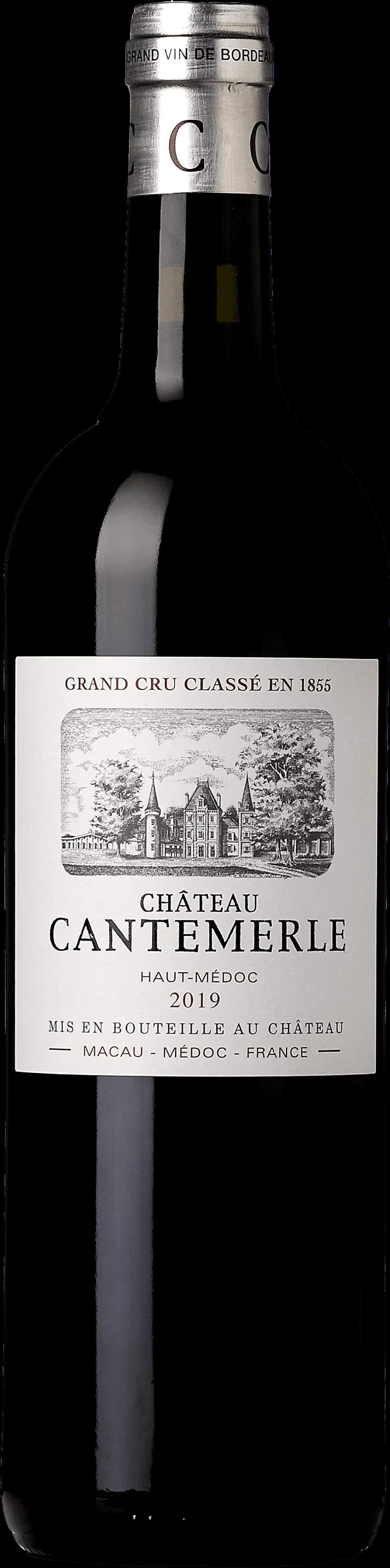Flaska av Château Cantemerle rött vin från Bordeaux