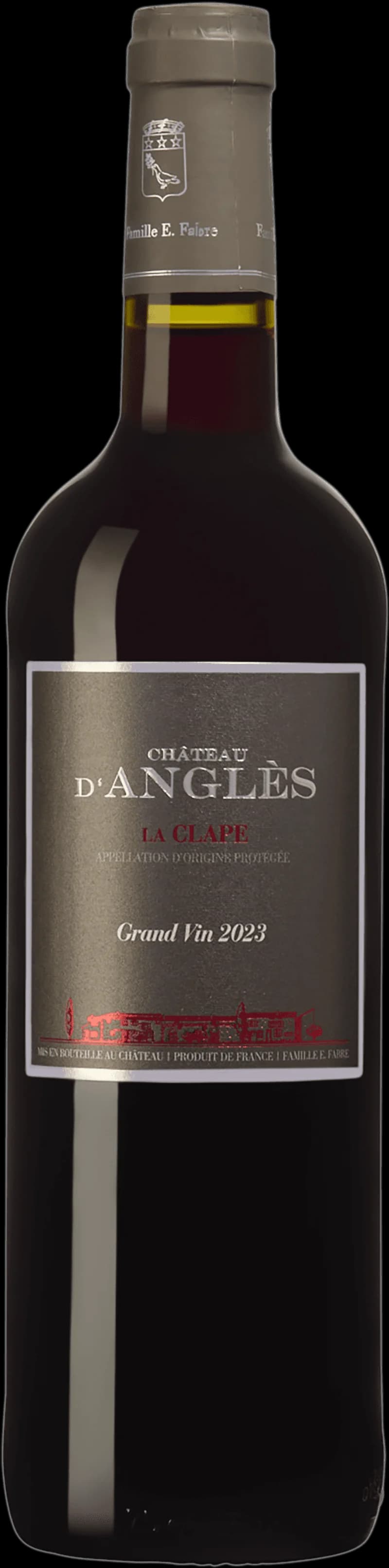 Flaska och glas med rött vin från Château d'Anglès
