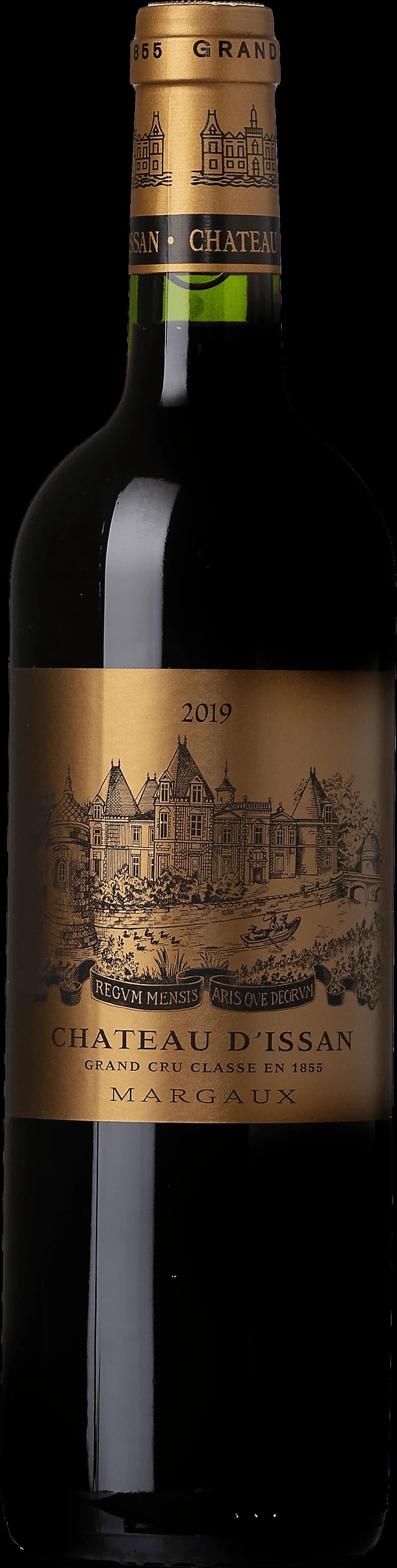 Flaska av Château d'Issan rött vin mot neutral bakgrund