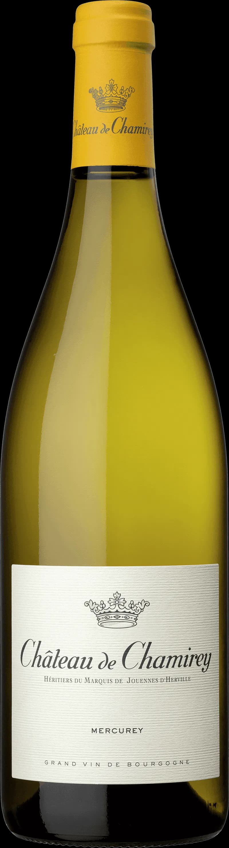 Flaska av Château de Chamirey vitt vin på vit bakgrund