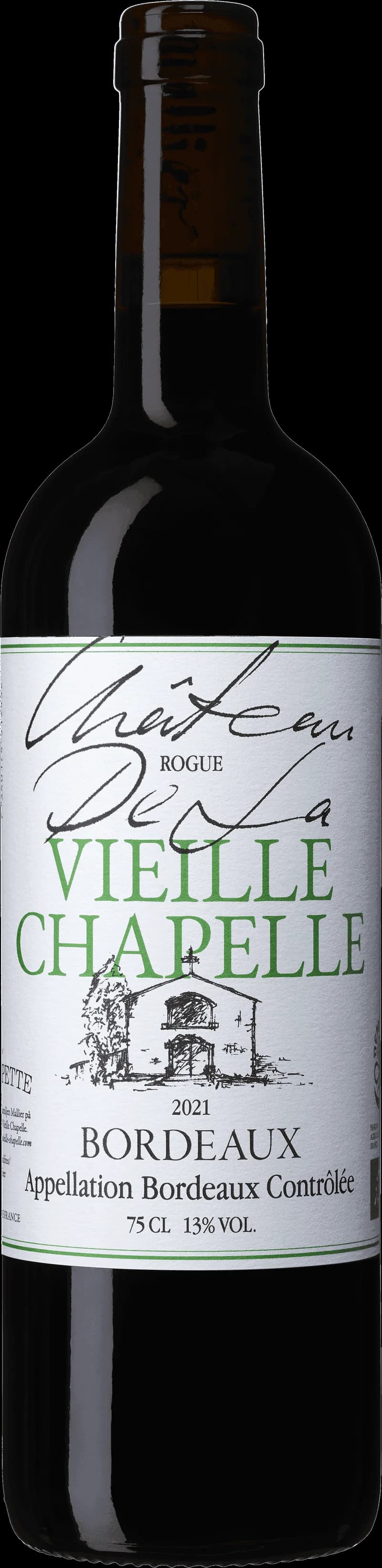 Château de la Vieille Chapelle rött vin på flaska och i glas