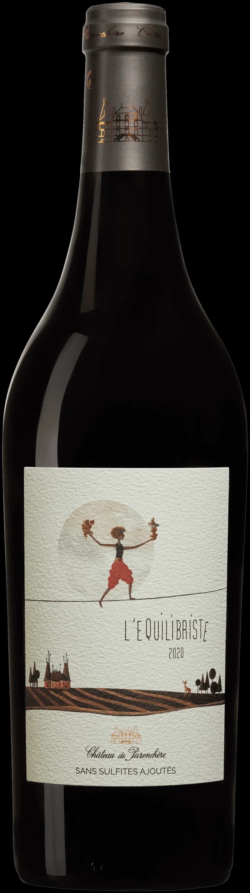 Flaska och glas med rött vin från Château de Parenchère