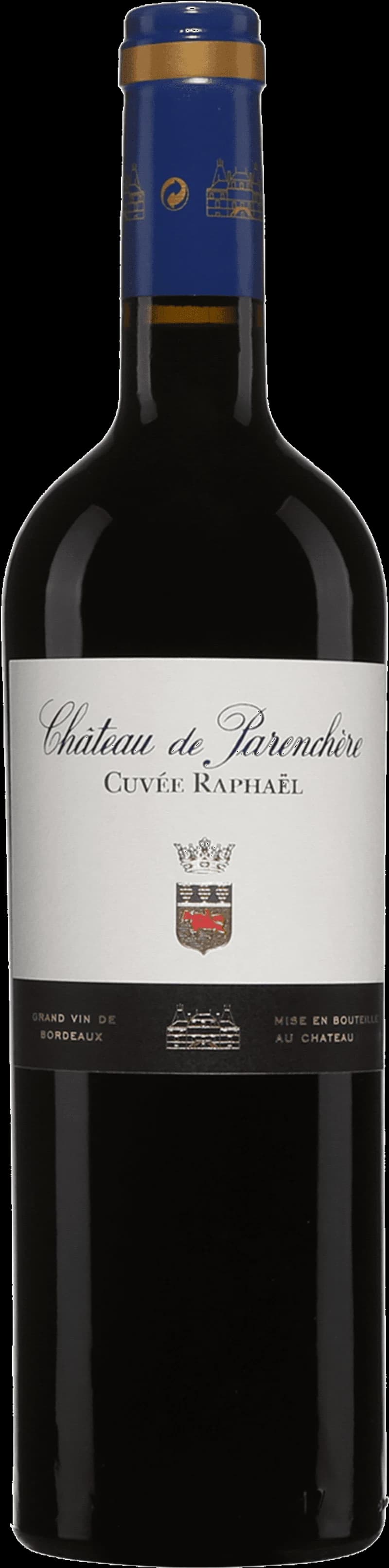 Flaska av Château de Parenchère rött vin mot en neutral bakgrund.