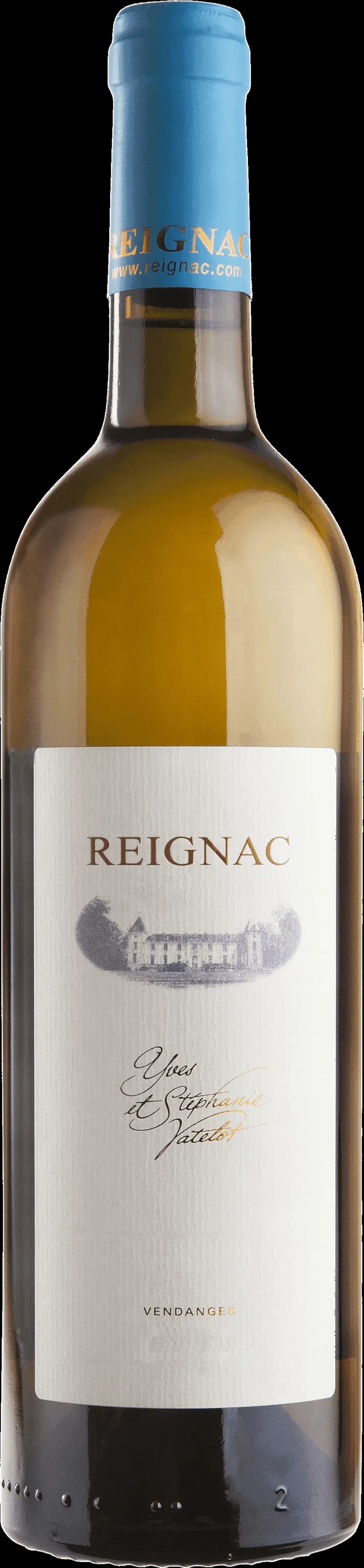 Flaska av Château de Reignac vitt vin mot en ljus bakgrund.