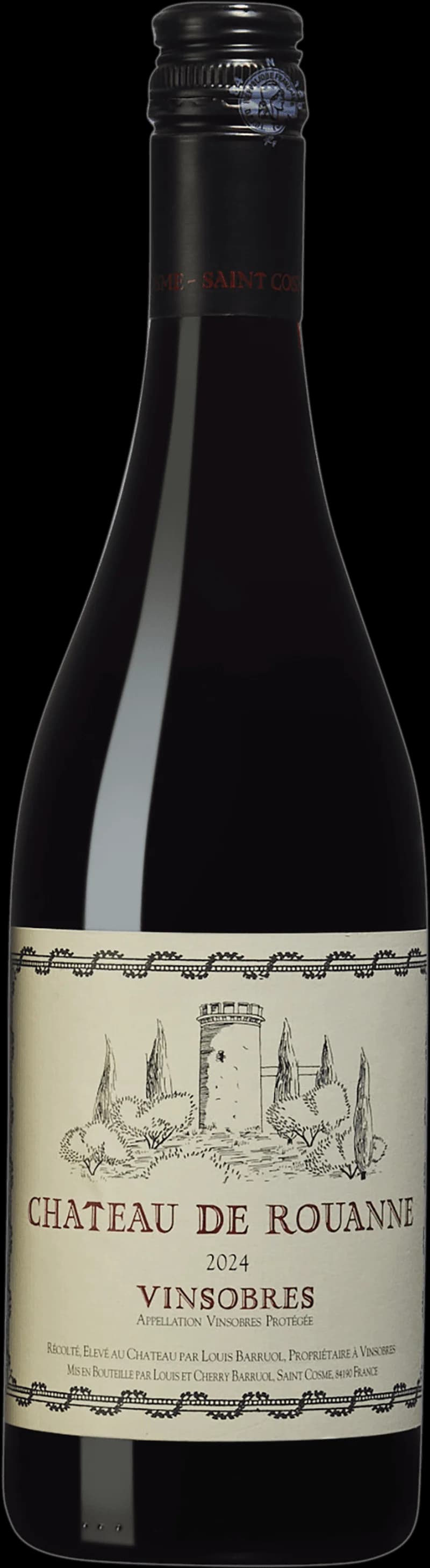 Flaska med Château de Rouanne rött vin mot en neutral bakgrund.