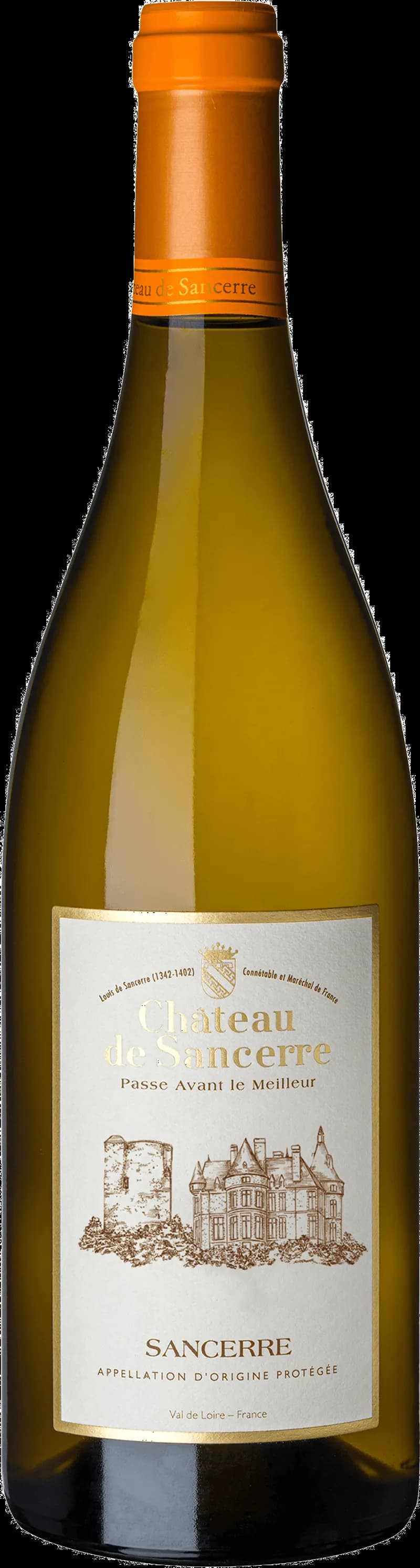 Flaska av Château de Sancerre vitt vin mot en neutral bakgrund.