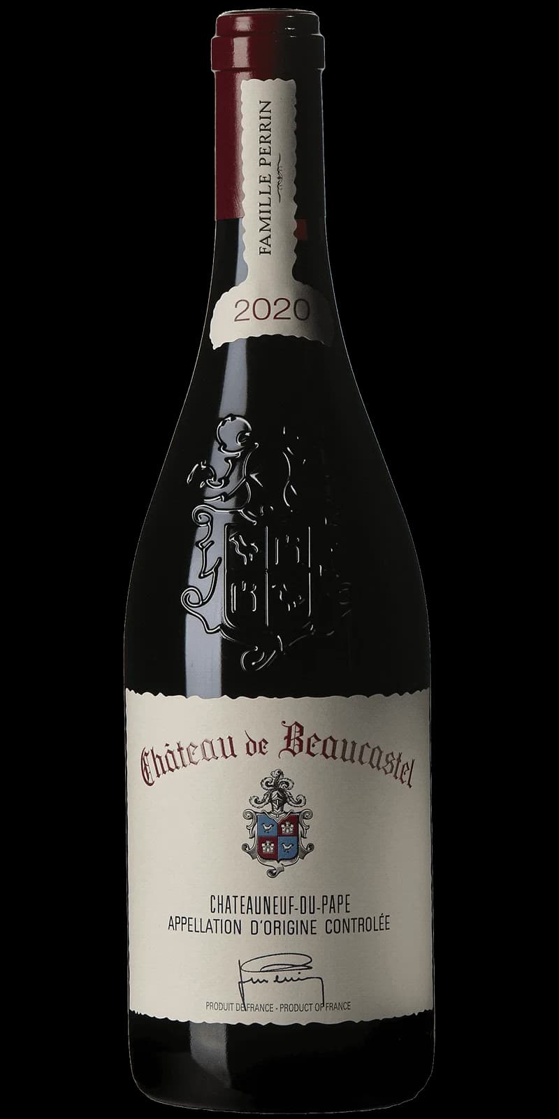 Flaska av Château de Beaucastel rött vin mot en neutral bakgrund.