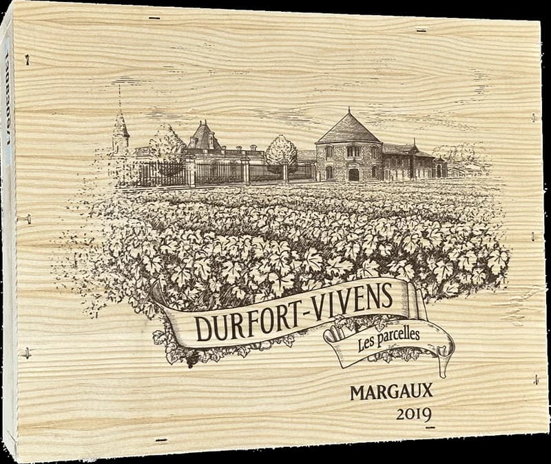 Flaska med Château Durfort-Vivens Les Parcelles Tralada Vinlada rödvin från Margaux.