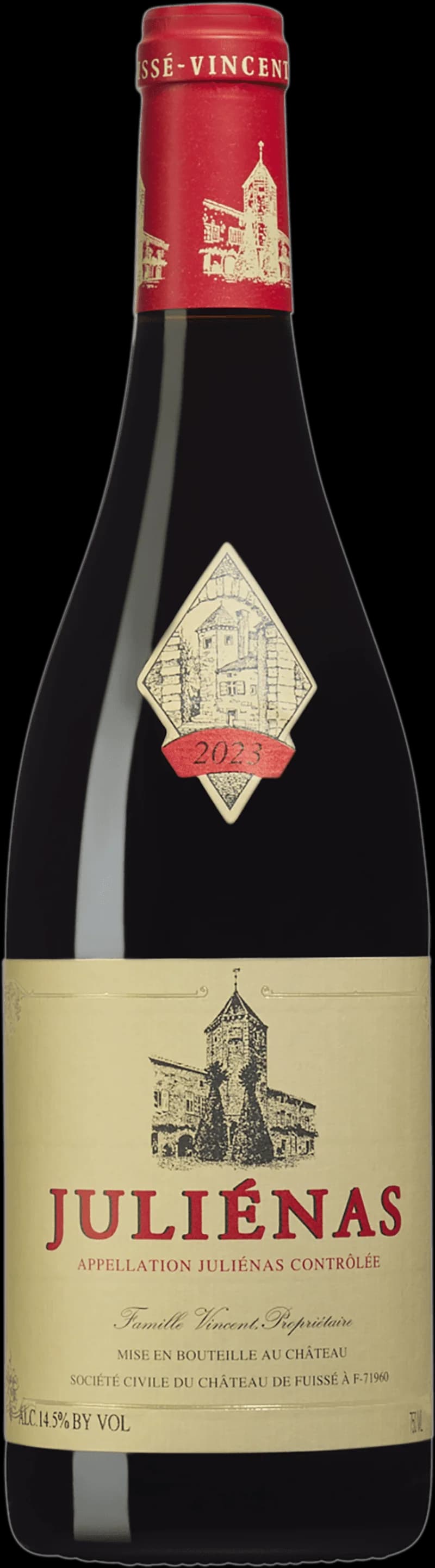 Flaska med Château Fuissé rött vin mot neutral bakgrund