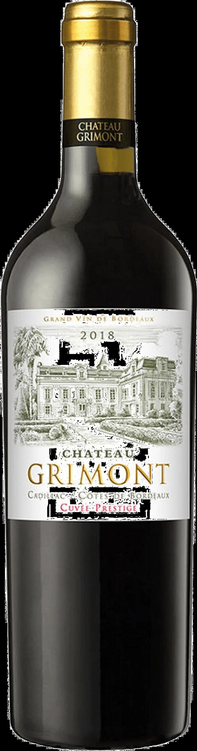 Flaska av Château Grimont rött vin mot neutral bakgrund.