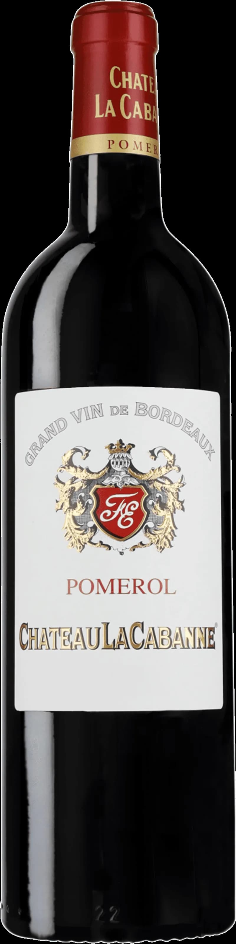 Flaska av Château La Cabanne rött vin mot en mörk bakgrund.