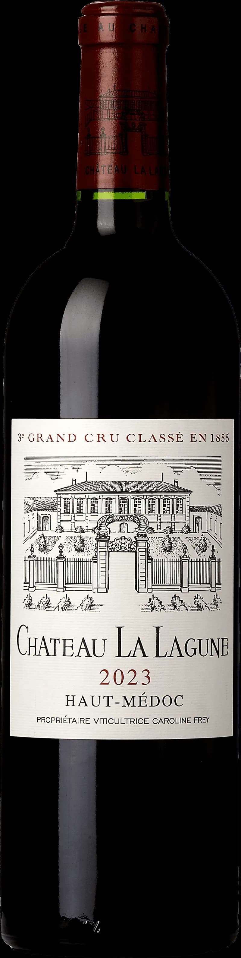 Flaska av Château La Lagune rött vin från Haut-Médoc, Bordeaux.