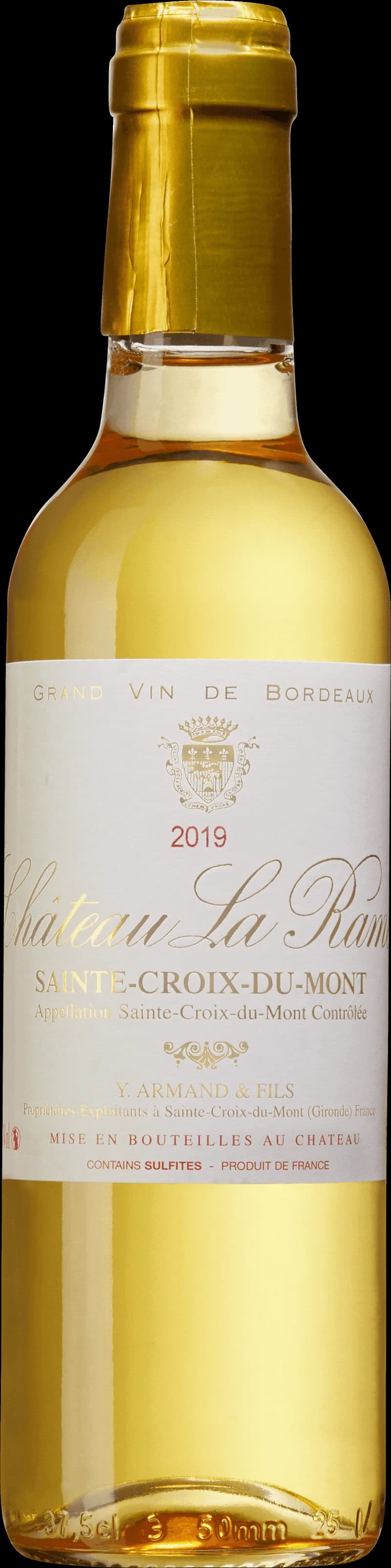 Flaska av Château La Rame vitt vin mot ljus bakgrund.