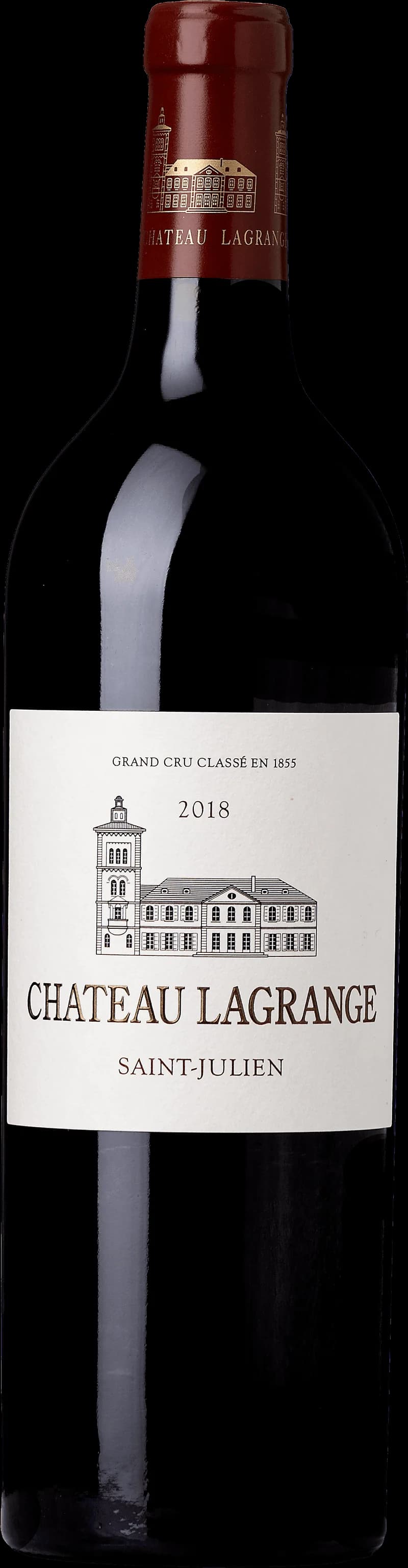 Flaska av Château Lagrange rött vin mot neutral bakgrund