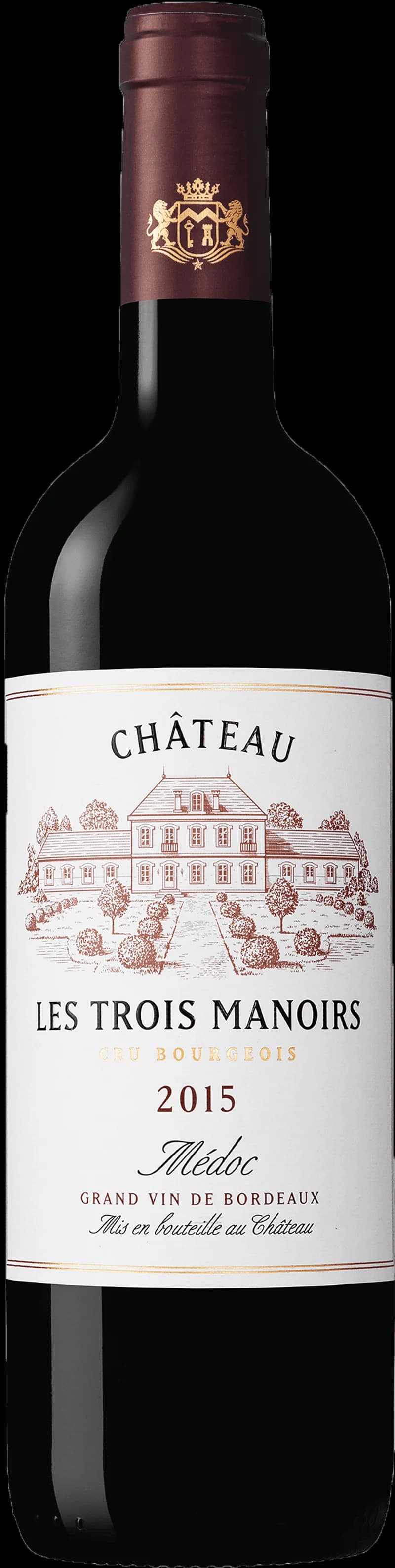 Flaska och glas med rött vin från Château Les Trois Manoirs