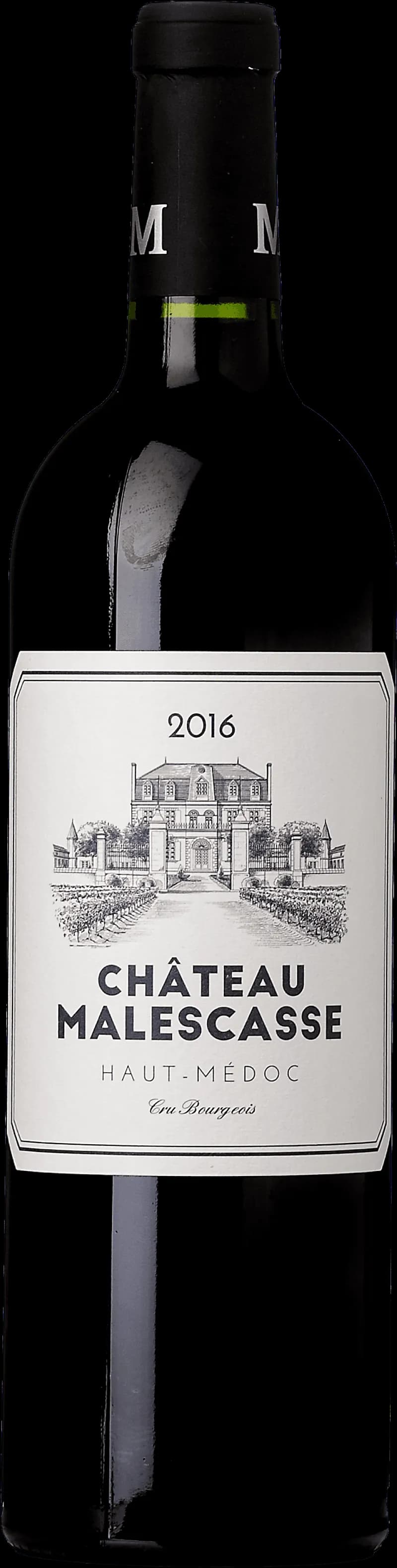 Flaska av Château Malescasse rött vin mot neutral bakgrund