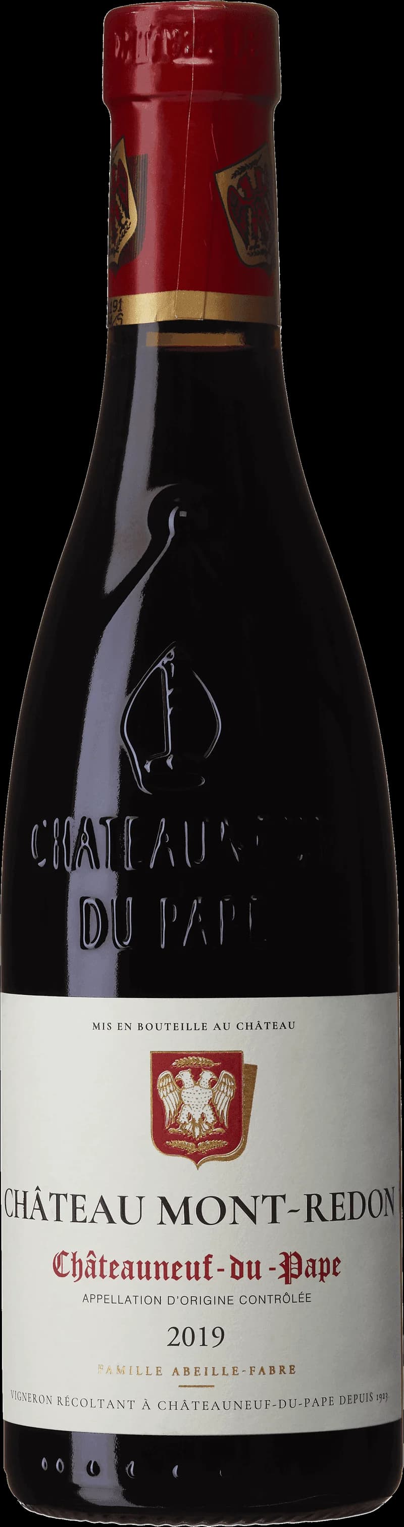 Flaska av Château Mont-Redon rött vin mot en mörk bakgrund.