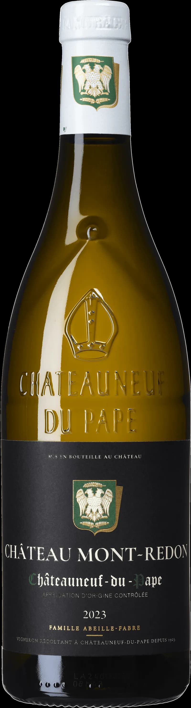 Château Mont-Redon vitt vin i ett vinglas mot en ljus bakgrund