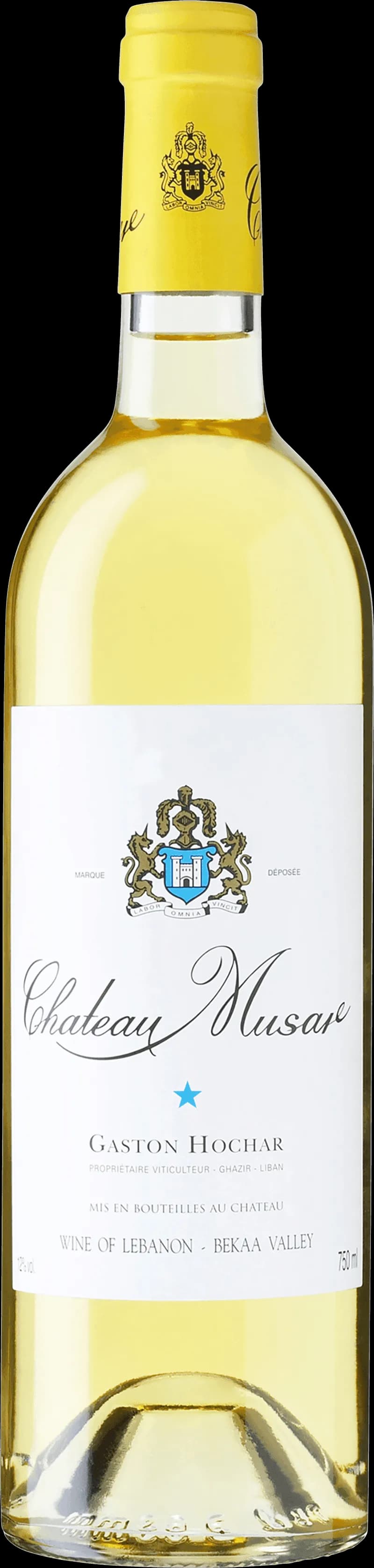 Château Musar vitt vin i ett vinglas mot en mörk bakgrund