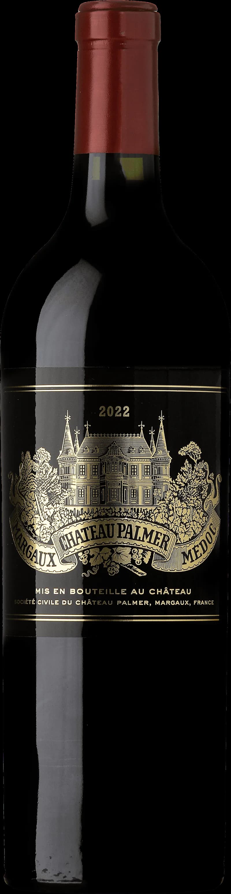 Château Palmer rött vin i en flaska på en bordduk