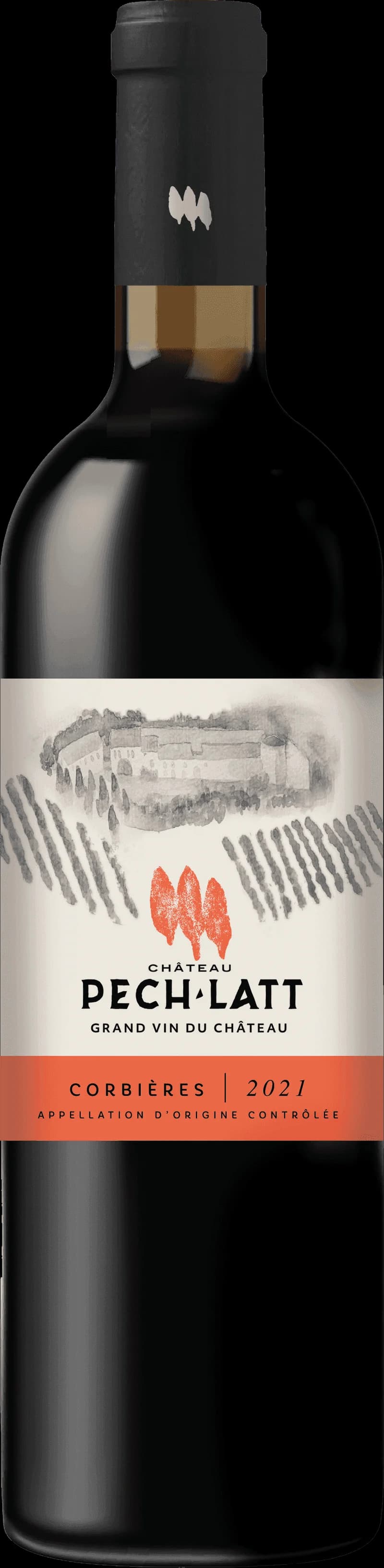 Flaska av rött vin från Château Pech Latt på en bordsservering.
