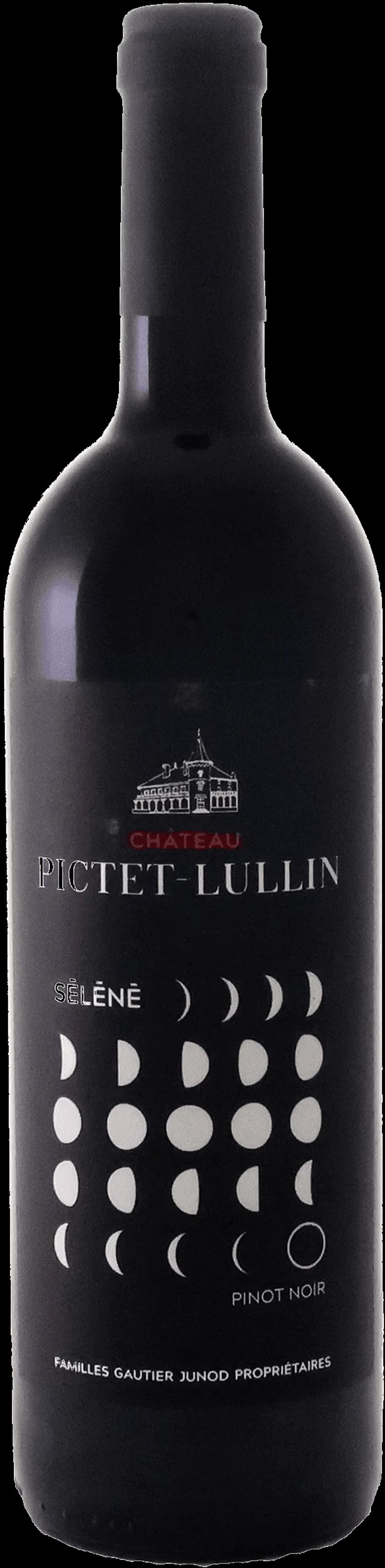 Flaska av Château Pictet-Lullin rött vin mot mörk bakgrund