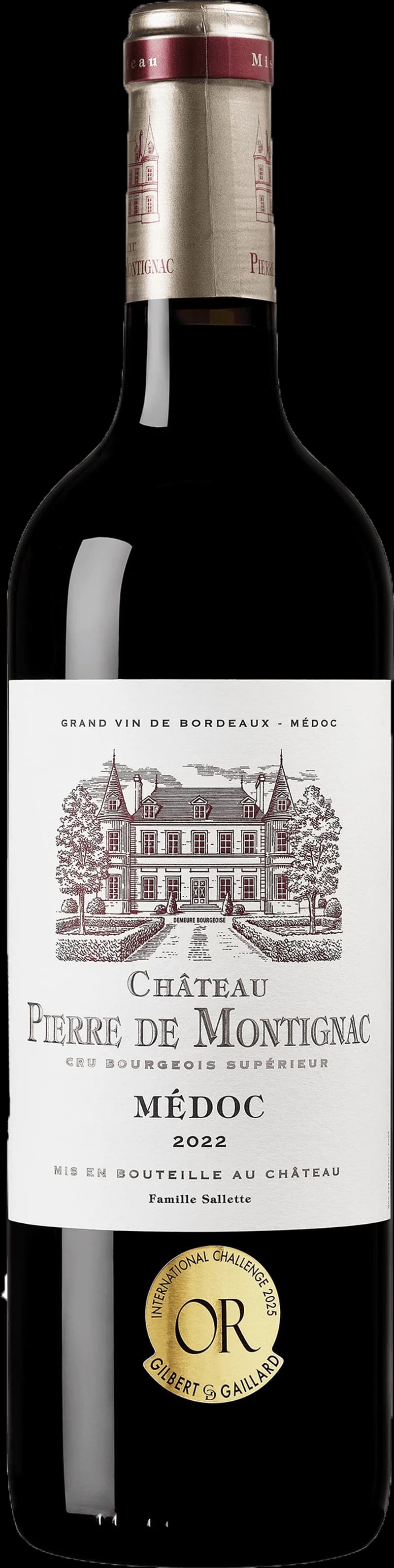 Flaska med Château Pierre de Montignac rött vin mot ljus bakgrund.