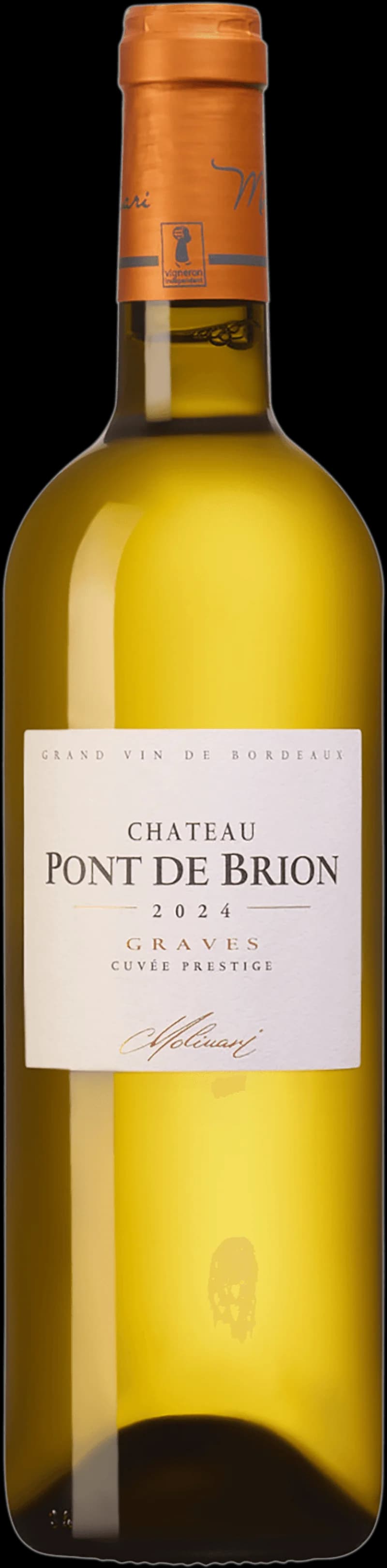 Flaska av Château Pont de Brion vitt vin mot en neutral bakgrund.