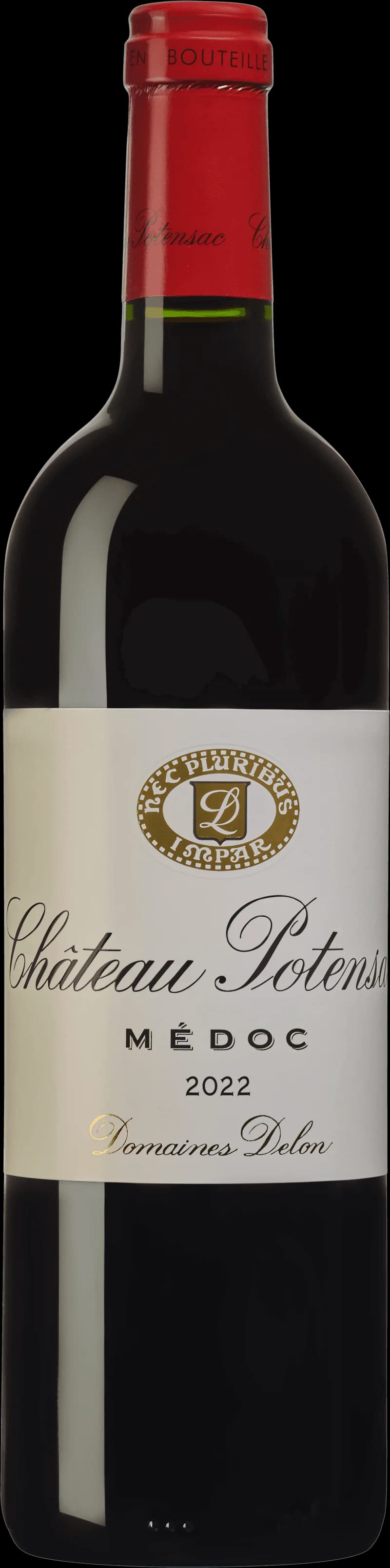 Flaska av Château Potensac rött vin mot neutral bakgrund
