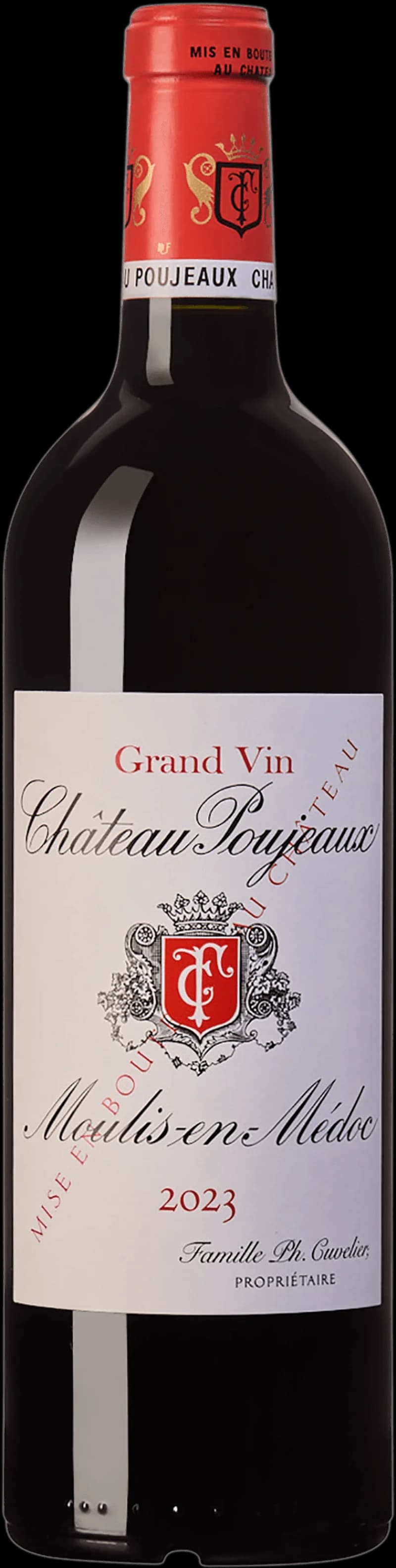 Flaska av Château Poujeaux rött vin från Bordeaux
