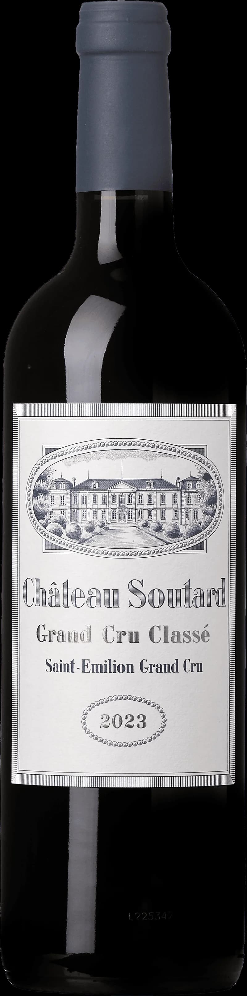 Flaska av Château Soutard rött vin mot neutral bakgrund