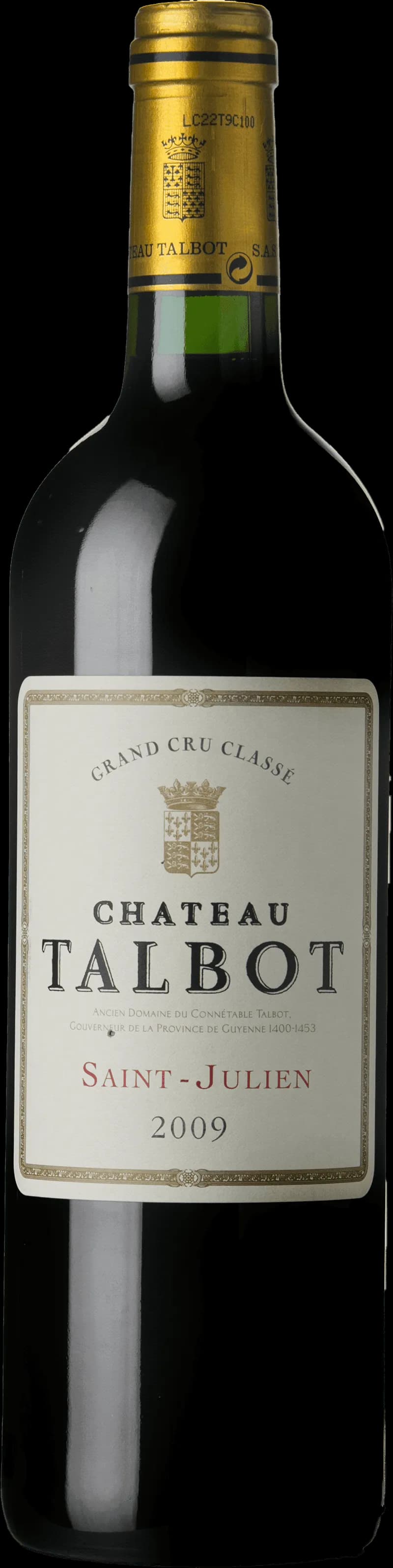 Flaska Château Talbot rött vin mot mörk bakgrund